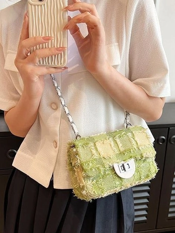Women Crossbody Bag Tweed Checkered Fringed Small Square Shoulder Bag With Chain Strap Twist Lock Casual Elegant
