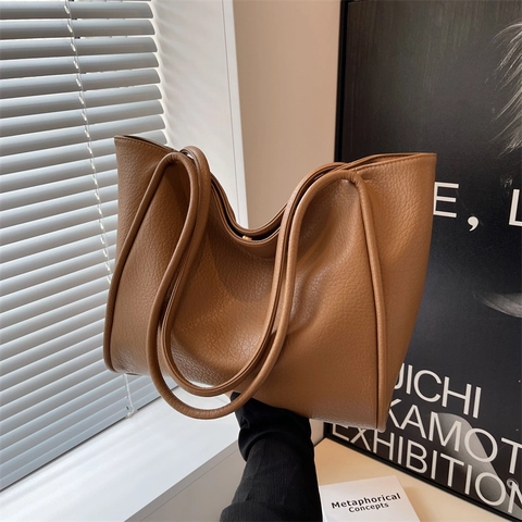 Women Large Capacity Tote Bag PU Leather Litchi Pattern Minimalist Solid Color Shoulder Bag Versatile Commuting Handbag