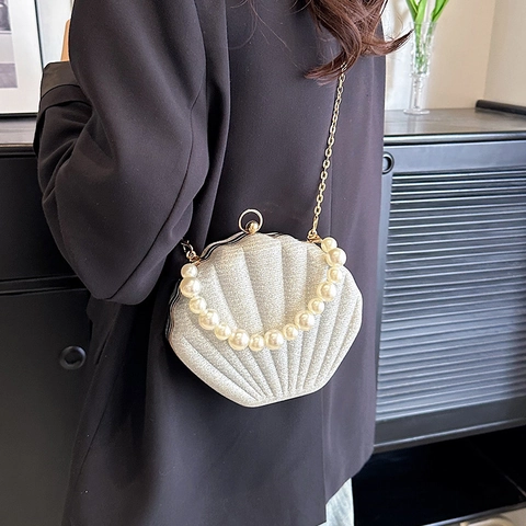 Sac De Soirée Pour Femmes En Forme De Coquillage Avec Poignée En Künstliche Perles Et Chaîne Dorée Pochette À Paillettes Mode