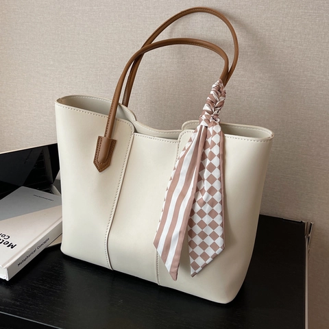 Borsa Tote Grande Da Donna In Pelle PU Con Decorazione Foulard Di Raso Tasca Interna Borsa A Spalla Minimalista