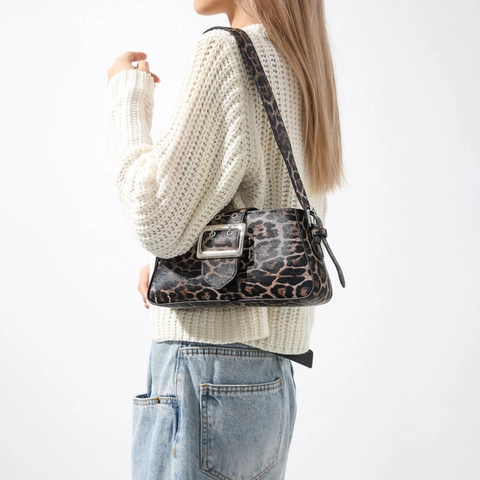 Borsa Sottobraccio Con Stampa Leopardata In Pelle PU Baguette Con Fibbia Argentata Borsa A Spalla Vintage Da Donna