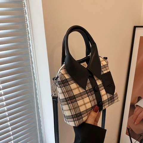 Creatieve Crossbody Tas In Overhemdvorm Voor Dames Geruite Denim PU Stof Handtas Met Knoopkraag Decor Mode Kleine Schoudertas