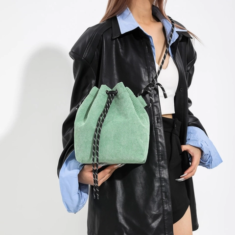Borsa A Secchiello In Velluto A Coste Da Donna Chiusura Con Coulisse Tracolla Intrecciata Casual Vintage Chic