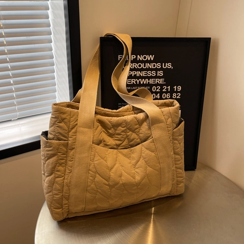 Quilted Tote Bag Large Capacity Padded Nylon Shoulder Handbag Lightweight Solid Color Casual For Women