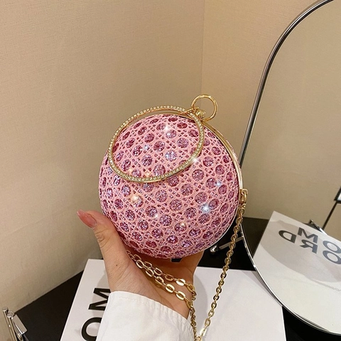 Borsa Da Sera Sferica Da Donna Pochette Rotonda Con Strass Luccicanti Manico Ad Anello In Metallo E Catena