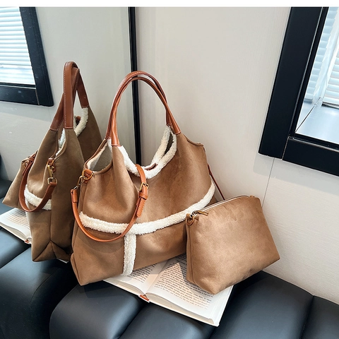 Grote Capaciteit Suède Tote Bag Voor Dames Met Faux Lamswol Trim Retro Commuter Schoudertas En Verstelbare Riem