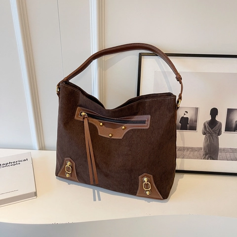 Corduroy Leder Patchwork Hobo Tasche Große Kapazität Retro Niete Quaste Schulter Tote Streetwear Tasche Für Frauen