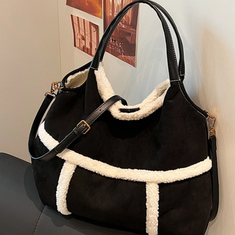 Grote Capaciteit Suède Tote Bag Voor Dames Met Faux Lamswol Trim Retro Commuter Schoudertas En Verstelbare Riem
