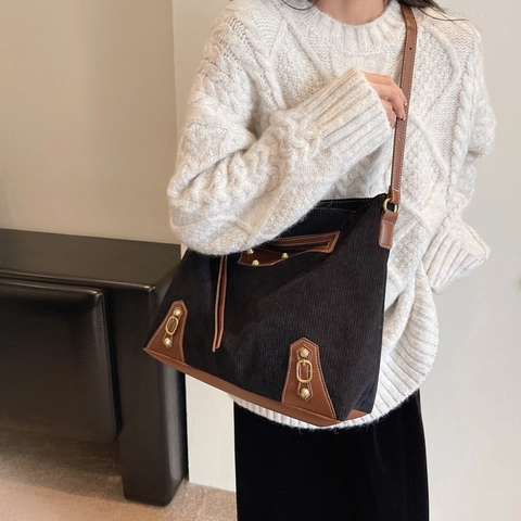 Corduroy Leder Patchwork Hobo Tasche Große Kapazität Retro Niete Quaste Schulter Tote Streetwear Tasche Für Frauen