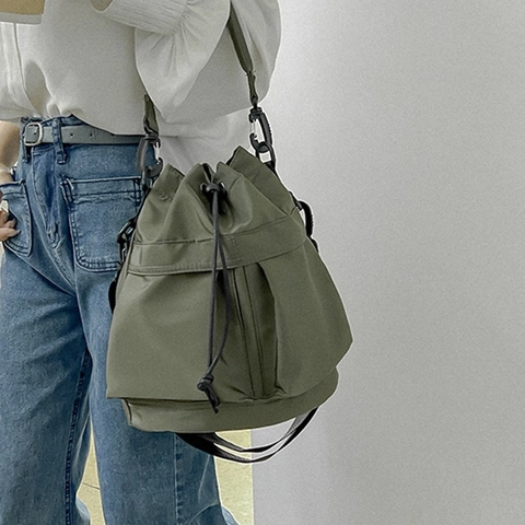 Borsa A Secchiello Con Coulisse Donna Nylon Impermeabile Grande Capacità Tasche Multiple Utility Borsa A Tracolla Sportiva
