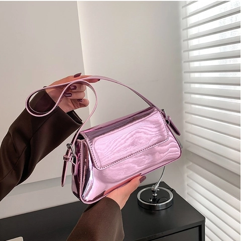 Mirror Metallic Baguette Tasche Damen Glänzendes Lackleder Unterarm Schultertasche Retro Mode Rechteckige Klappe Quadratische Handtasche