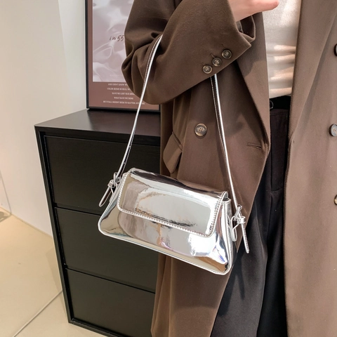 Mirror Metallic Baguette Tasche Damen Glänzendes Lackleder Unterarm Schultertasche Retro Mode Rechteckige Klappe Quadratische Handtasche
