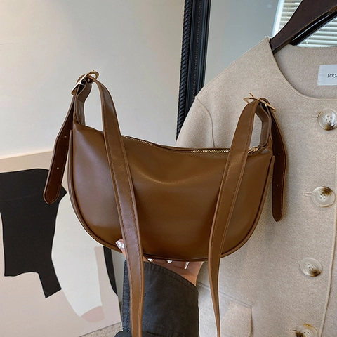 Minimalist Women PU Leather Half Moon Crescent Hobo Bag With Adjustable Strap Vintage Solid Color Versatile Crossbody