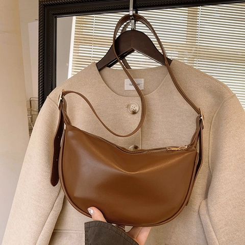 Minimalist Women PU Leather Half Moon Crescent Hobo Bag With Adjustable Strap Vintage Solid Color Versatile Crossbody