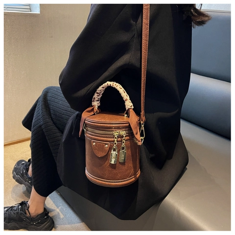 Vintage PU Leather Cylinder Bucket Bag For Women Retro Handbag With Satin Scarf Handle Gold Lock Pendant Crossbody Bag