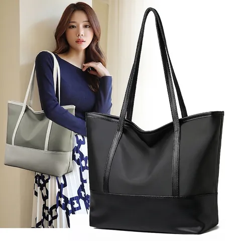 Borsa Tote Grande Capacità Tessuto Oxford E Pelle PU Trapuntata Leggera Borsa A Mano Per Donna Tinta Unita Casual