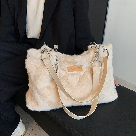 Plüsch Tote Tasche Mit Herzprägung Damen Kunstfell Große Kapazität Schultertasche Mit Kettengurt Herbst Winter