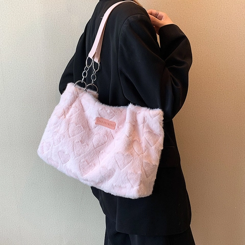 Plüsch Tote Tasche Mit Herzprägung Damen Kunstfell Große Kapazität Schultertasche Mit Kettengurt Herbst Winter