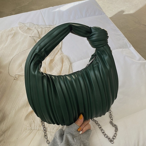 Borsa Da Donna In Pelle PU Pieghettata Manico Con Nodo Vintage Borsa A Mezzaluna Sotto L'ascella Con Catena In Metallo