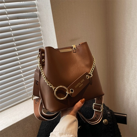 Borsa A Secchiello Vintage In Pelle PU Grande Capacità Con Catena Dorata E Tracolla Larga Per Donna Elegante