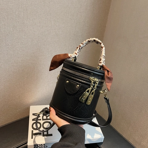Borsa A Secchiello Cilindrica Retro Pelle PU Manico Sciarpa Raso Stampa Leopardata Cerniera Lucchetto Dorato Tracolla Donna