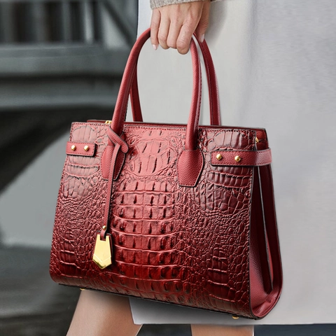 Borsa A Mano Donna Motivo Coccodrillo Ecopelle Goffrata Grande Borsa Tote Tracolla Dettagli Dorati Retro