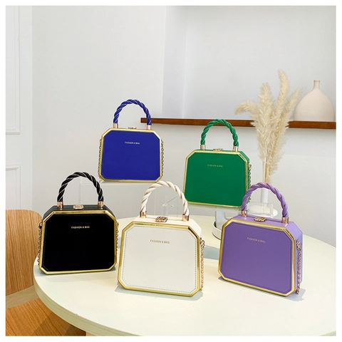 Geometric Octagonal PU Leather Handbag Chic Metal Frame Box Bag With Twisted Handle And Chain Strap For Women