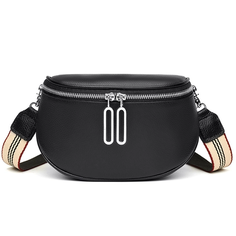 Women Half Moon Waist Bag Genuine Leather Pebbled Chest Pack With Striped Wide Strap Metal Zipper Street Fashion Crossbody