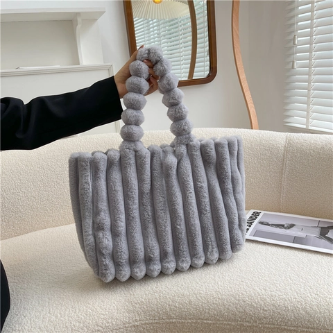 Faux Pelz Tote Tasche Vertikal Gerippt Plüsch Handtasche Mit Bobble Griff Große Kapazität Herbst Winter Lässig Damen