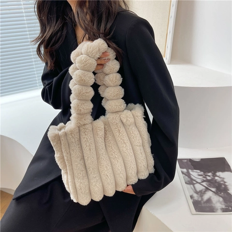 Faux Pelz Tote Tasche Vertikal Gerippt Plüsch Handtasche Mit Bobble Griff Große Kapazität Herbst Winter Lässig Damen