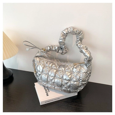 Borsa A Spalla Trapuntata Puffy Donna Manico Arricciato Mezza Luna Hobo Moda Coreana Grande Capacità Cloud Tote