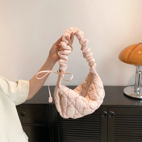 Borsa A Spalla Trapuntata Puffy Donna Manico Arricciato Mezza Luna Hobo Moda Coreana Grande Capacità Cloud Tote