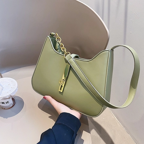 Women Hobo Shoulder Bag PU Leather Half Moon Underarm Purse With Gold Chain Metal Lock Minimalist Vintage Elegant