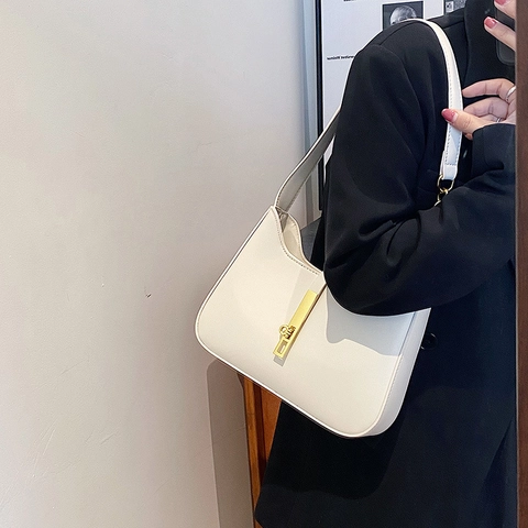Women Hobo Shoulder Bag PU Leather Half Moon Underarm Purse With Gold Chain Metal Lock Minimalist Vintage Elegant