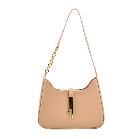 Women Underarm Hobo Bag PU Leather Gold Chain Decoration Vertical Metal Lock Half Moon Shape Solid Color Retro Vintage