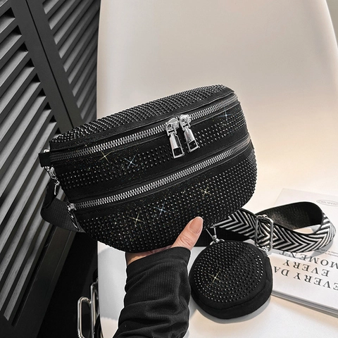Borsa da Petto Donna con Strass Portamonete Rotondo Rimovibile Tracolla Larga Chevron Lusso Marsupio Crossbody Borsa a Spalla con Cerniera Nero Argento