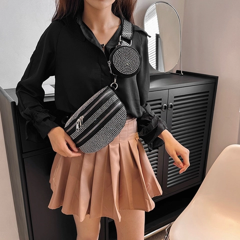 Borsa da Petto Donna con Strass Portamonete Rotondo Rimovibile Tracolla Larga Chevron Lusso Marsupio Crossbody Borsa a Spalla con Cerniera Nero Argento
