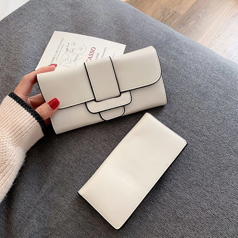 Cartera Larga Mujer Cuero PU Gran Capacidad Ranuras Tarjetas Bolsillo Teléfono Costuras Contraste Bolso De Mano