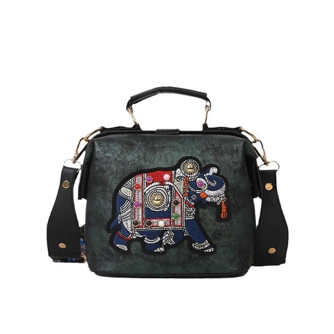 Borsa A Mano Dottore Ricamata Elefante Da Donna Pelle PU Retro Etnica Borsa A Tracolla Cinghia Larga Farfalla