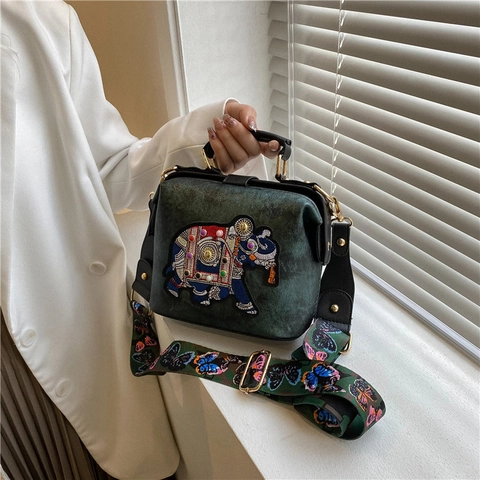 Borsa A Mano Dottore Ricamata Elefante Da Donna Pelle PU Retro Etnica Borsa A Tracolla Cinghia Larga Farfalla