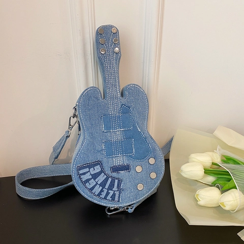 Borsa A Tracolla A Forma Di Chitarra In Denim Blu Con Borchie E Ricami Tracolla Regolabile Per Donna