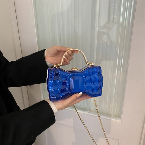 Bow Shape Acrylic Evening Clutch Bag Transparent Wave Texture Gold Metal Handle Chain Single Shoulder Elegant Trendy Women