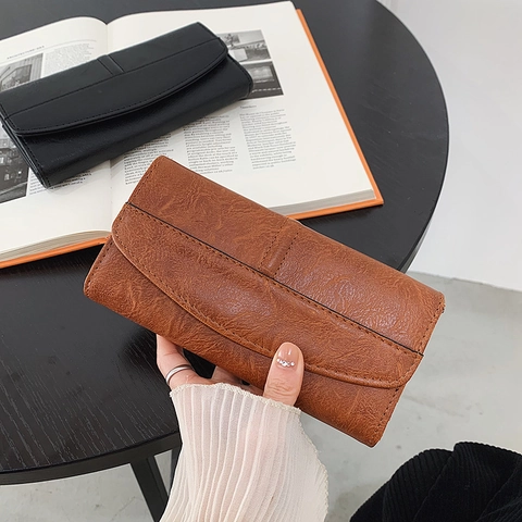 Cartera Larga Mujer Cuero PU Retro Textura Lichi Múltiples Ranuras Tarjetas Bolso Mano Sobre Color Sólido Casual