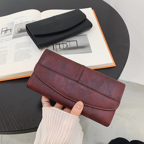 Cartera Larga Mujer Cuero PU Retro Textura Lichi Múltiples Ranuras Tarjetas Bolso Mano Sobre Color Sólido Casual