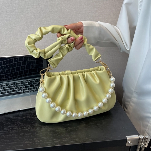 Pleated Cloud Underarm Bag PU Leather Ruched Shoulder Handbag With Faux Artificial Pearl Chain Elegant Trendy For Women