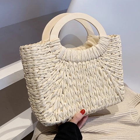 Handgewebte Strohhandtasche Sommer Strand Urlaubstasche Runder Holzgriff Kordelzugfutter Lässiger Bohème Korb Für Frauen