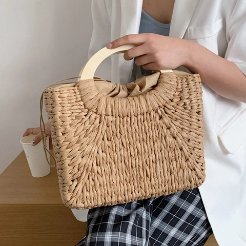 Handgewebte Strohhandtasche Sommer Strand Urlaubstasche Runder Holzgriff Kordelzugfutter Lässiger Bohème Korb Für Frauen