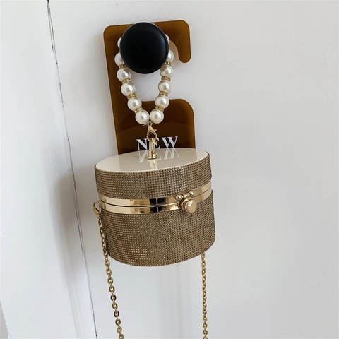 Mini Borsa Da Sera Cilindrica Strass Borsa A Mano Manico In Perla Artificial Catena In Metallo Scintillante Glamour Donne