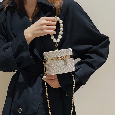 Mini Borsa Da Sera Cilindrica Strass Borsa A Mano Manico In Perla Artificial Catena In Metallo Scintillante Glamour Donne
