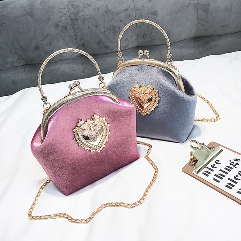 Borsa A Tracolla In Velluto Cuore Perla Artificial Decorazione Vintage Chiusura A Scatto Borsa Da Sera Con Manico In Metallo Donna